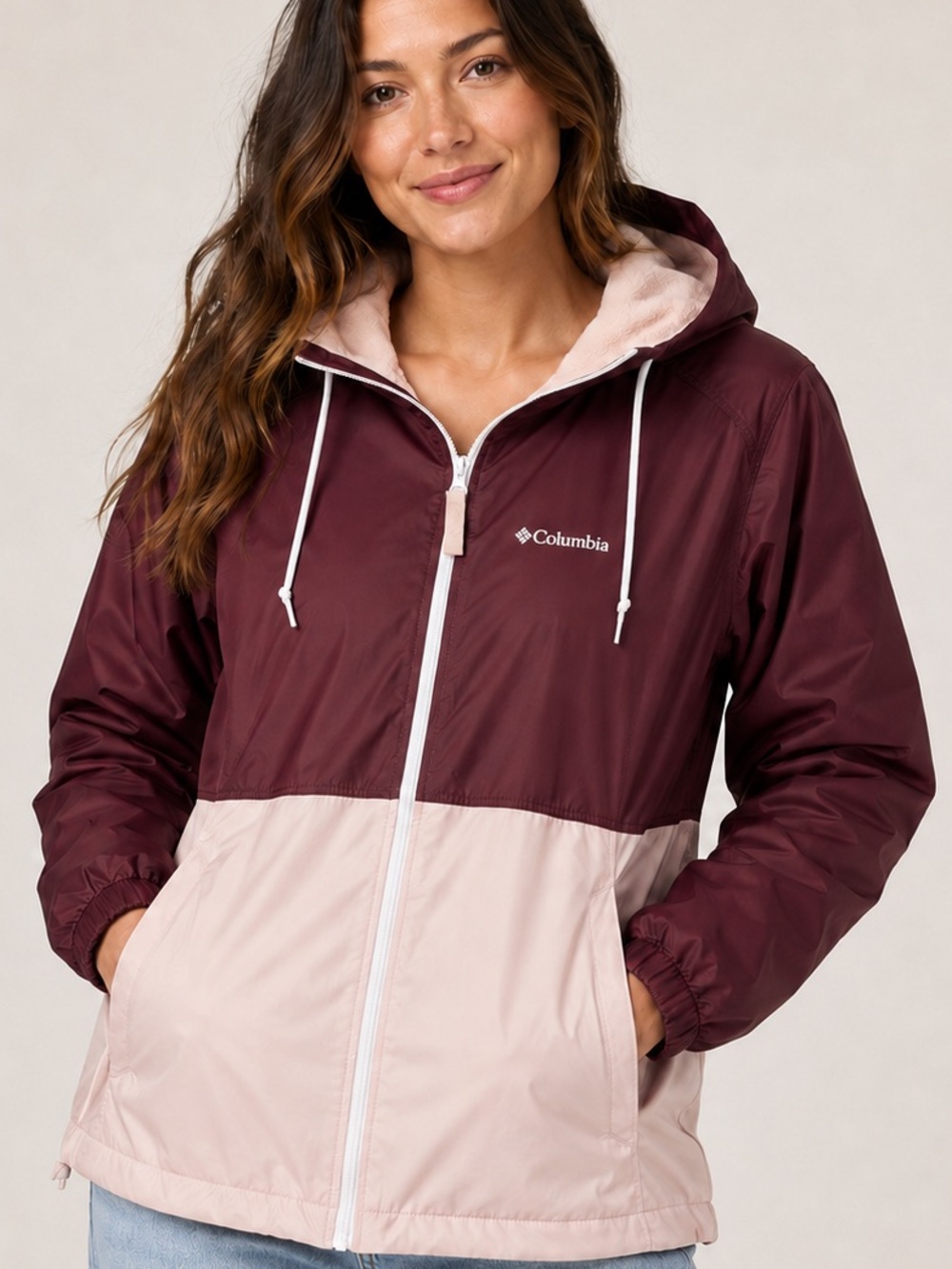 Columbia NWOT Women’s Fleece Lined Windbreaker Jacket Burgundy Pink Large